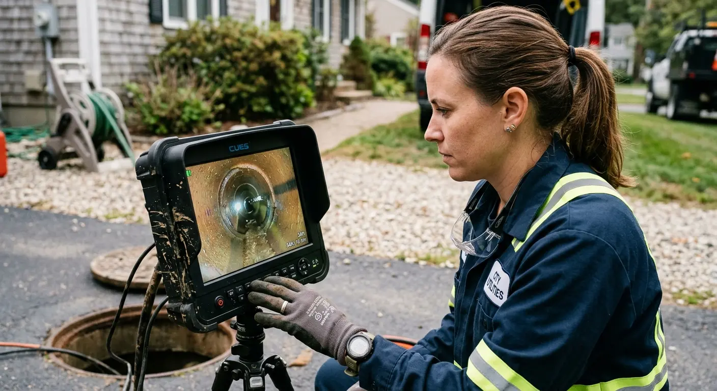 Technician reviewing sewer camera inspection footage in Cannon
