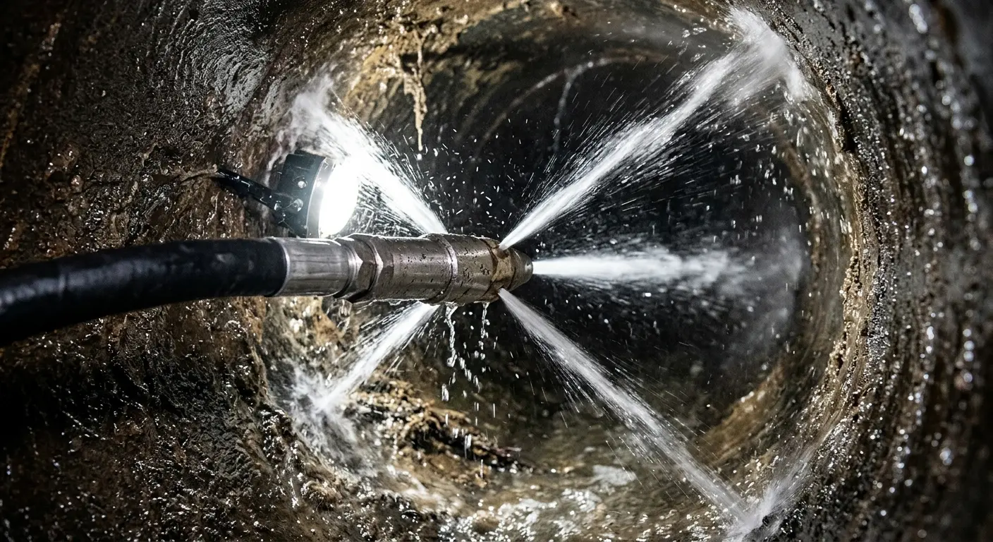 High-pressure hydro jetting nozzle cleaning sewer pipe for Emergency Drain Service in Cannon