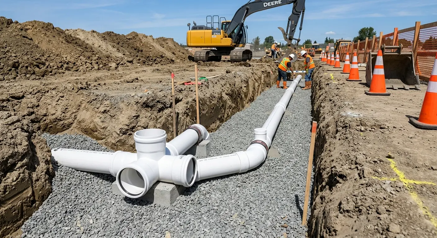 New PVC sewer pipe installation in open trench for Commercial Drain Cleaning in Cannon