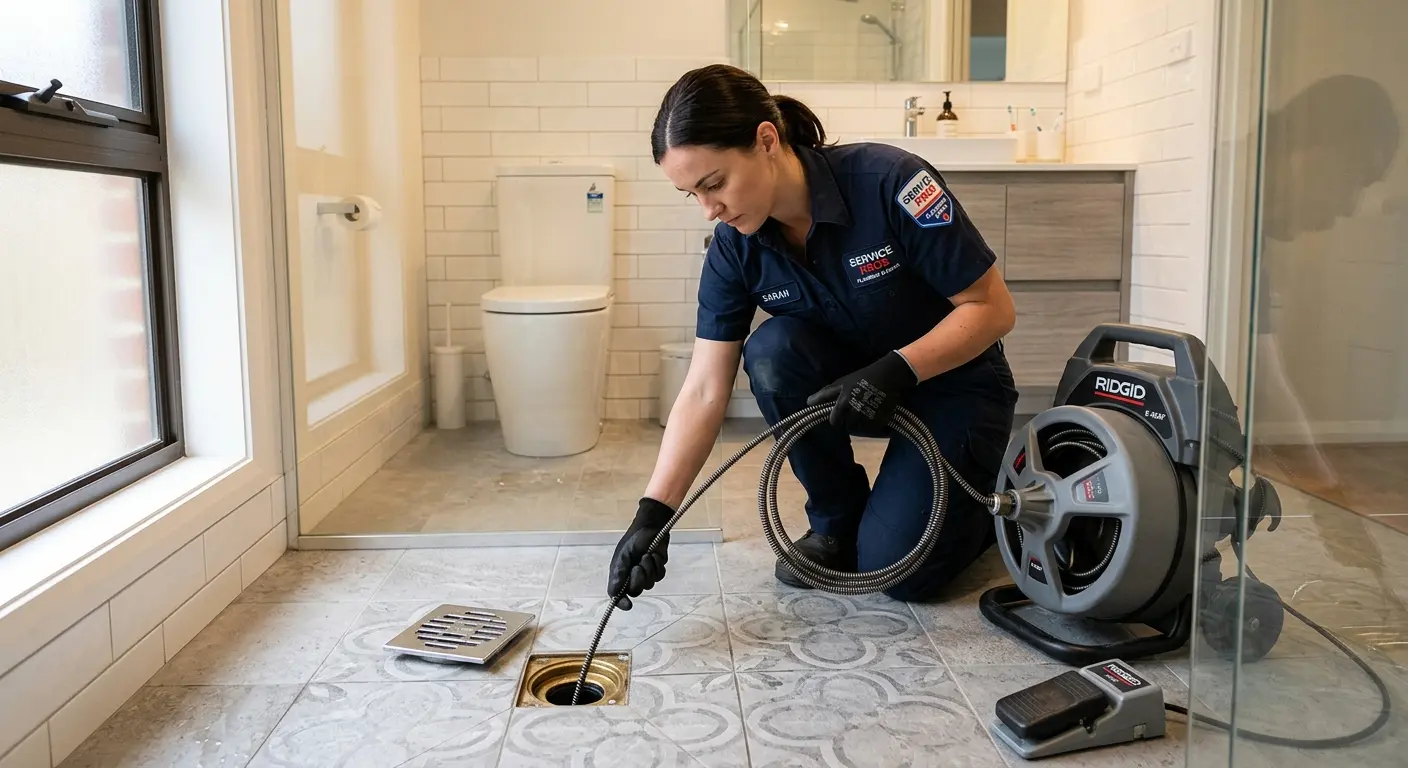 Technician clearing a bathroom floor drain for Clogged Drain Repair in Cannon
